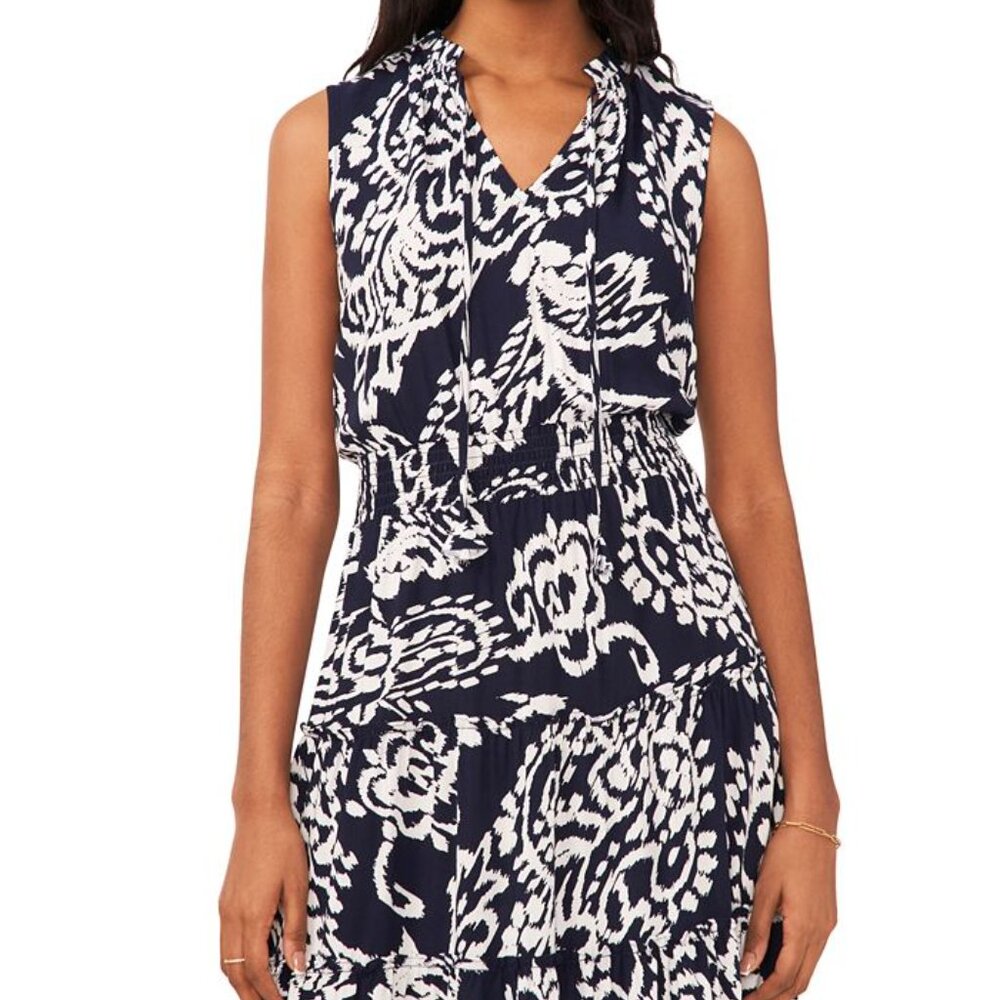 MSK Women's Sleeveless Printed Smocked-Waist Tiered Maxi Dress Navy White L - Picture 4 of 12